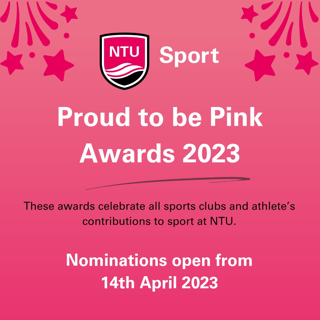NTUSport's tweet photo. It's Award Season at NTU Sport π
Nominations for our Proud to be Pink & Excellence Awards are now open!
Head to link to discover the criteria and nominate now: https://t.co/X5AqatQCOm
#PrideUnityRespect https://t.co/QyMixbuUnl