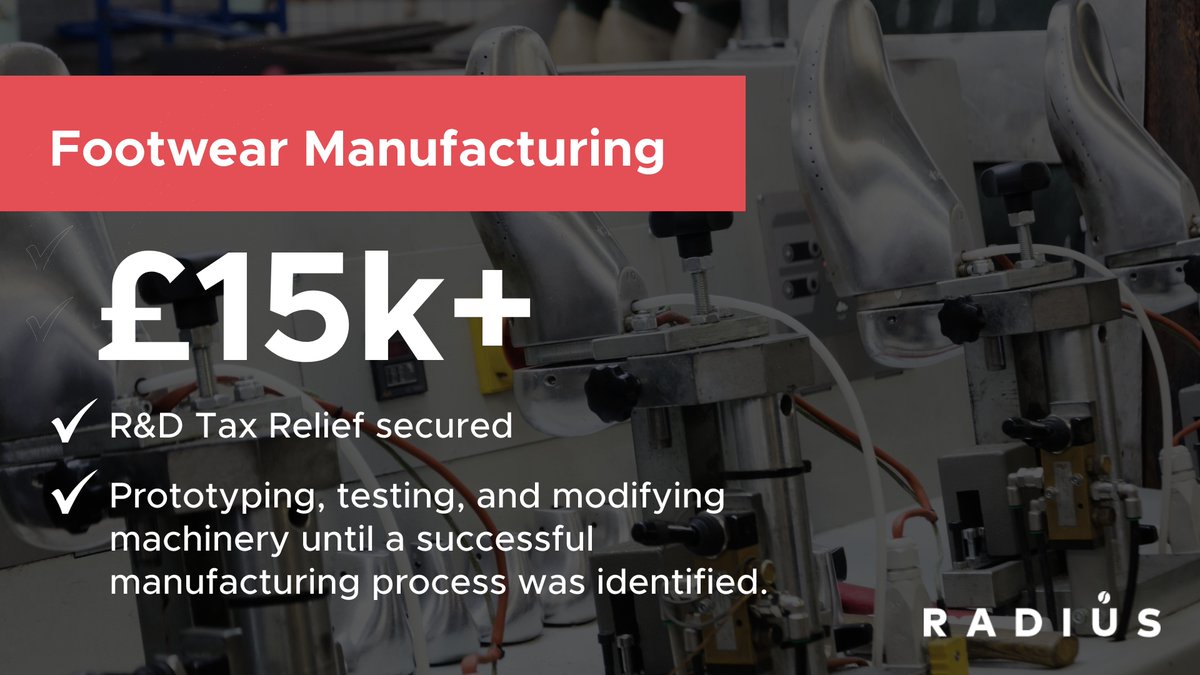 RadiusRandD's tweet photo. The Radius team helped an innovative footwear manufacturer secure over £15,000 in R&amp;D Tax Reliefs relating to their development of a new type of shoe.

You can learn more about this client and many more in our detailed R&amp;D Tax Relief case study guide.
https://t.co/4liJZo1Sfa https://t.co/d6Ue5pAGKH