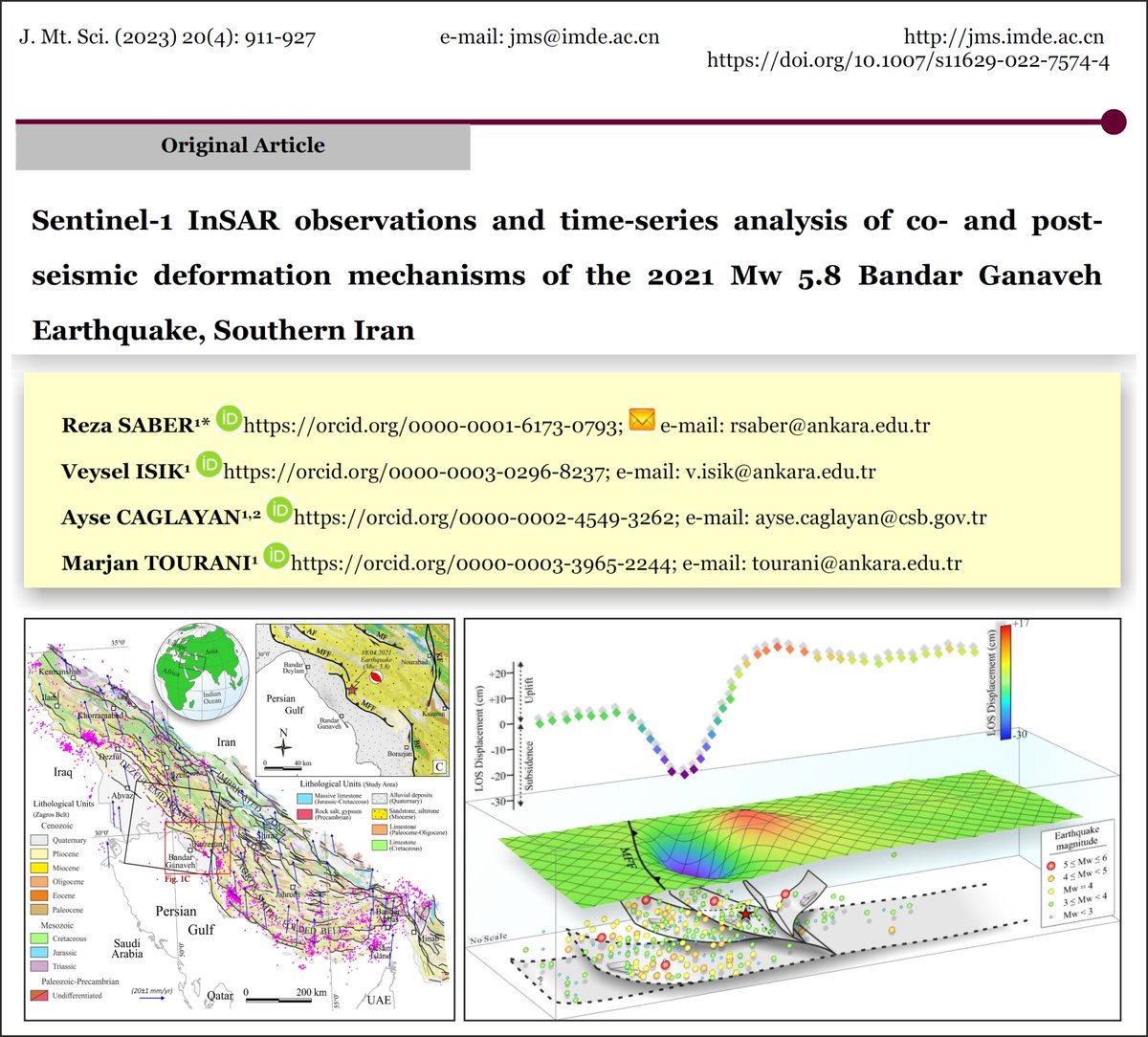 Our latest research on #InSAR  Time-series analysis of Bandar Ganaveh #earthquake #Iran using @LiCSBAS suite has just been published with  <a href="/SpringerNature/">Springer Nature</a> in Journal of Mountain Science. Read here: rdcu.be/daedn
<a href="/COMET_database/">COMET Datasets & Services</a> 
<a href="/ISIK_VEYSEL/">VEYSEL ISIK</a>  <a href="/caglayanayse/">Dr. Ayse Caglayan</a>