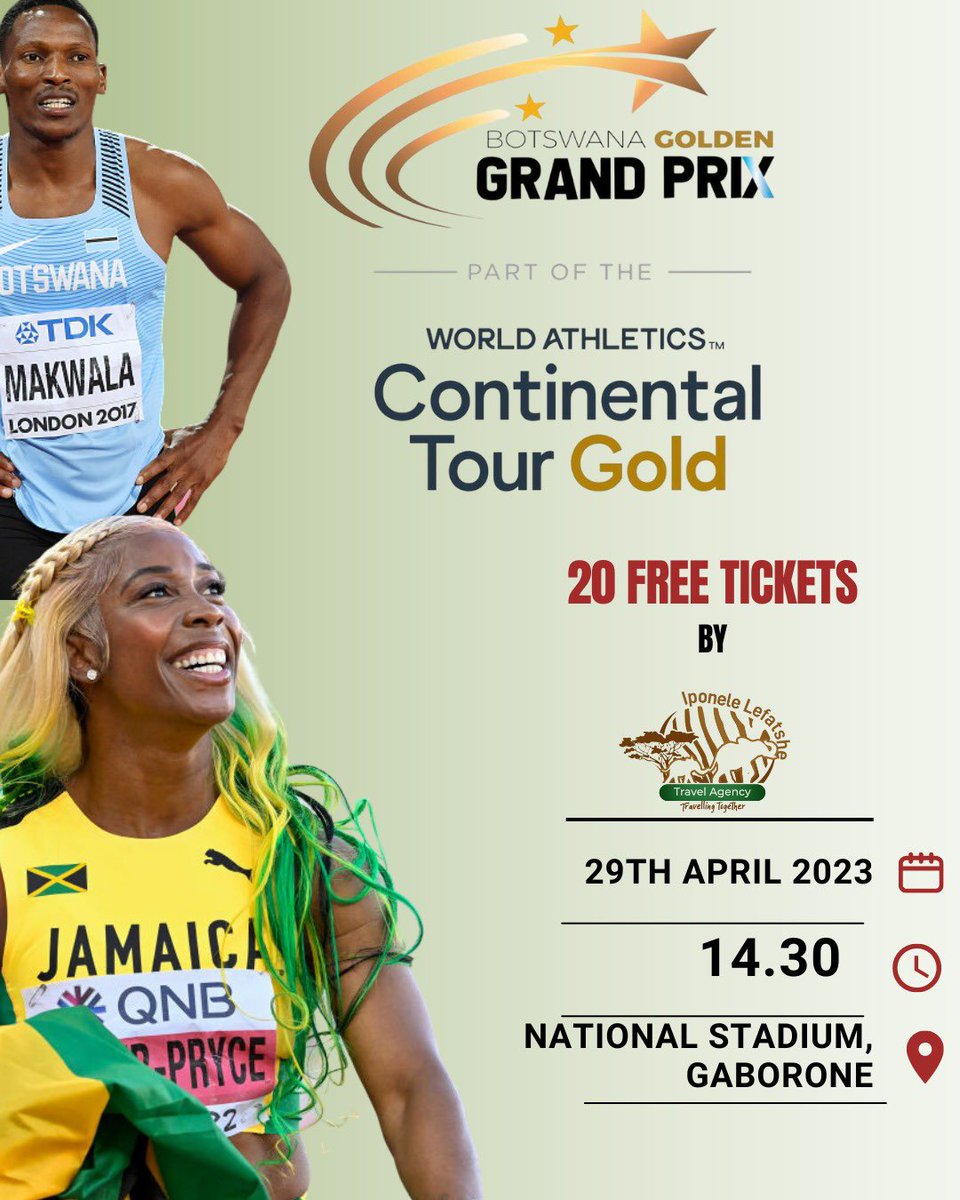 We are giving away tickets to give a chance to support our athletes at World Athletics Continental Tour Gold. Just name past or present Botswana athletes who represented the country in any athletics competition. Please retwet. Thank you <a href="/GrandPrixBW/">FNB Botswana Golden Grand Prix</a>