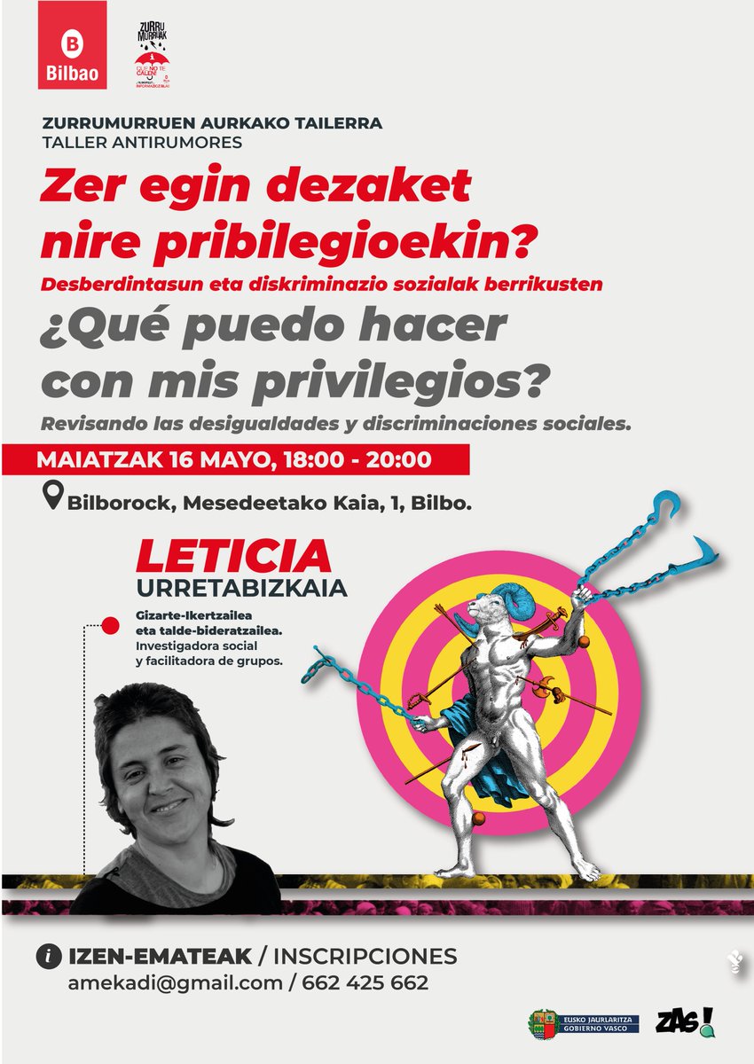 BiIntercultural's tweet photo. 🅱☂ Taller antiRumores: ¿Qué puedo hacer con mis #privilegios? Revisando las #desigualdades y discriminaciones sociales.
📅 16 de mayo
📍 @Bilborockbilbao
⏰ 18:00-20:00
❇ Leticia Urretabizkaia.

#Bilbaoantirumores @Zas_Antirumor @RECI_ICC https://t.co/qWVItwiUvJ