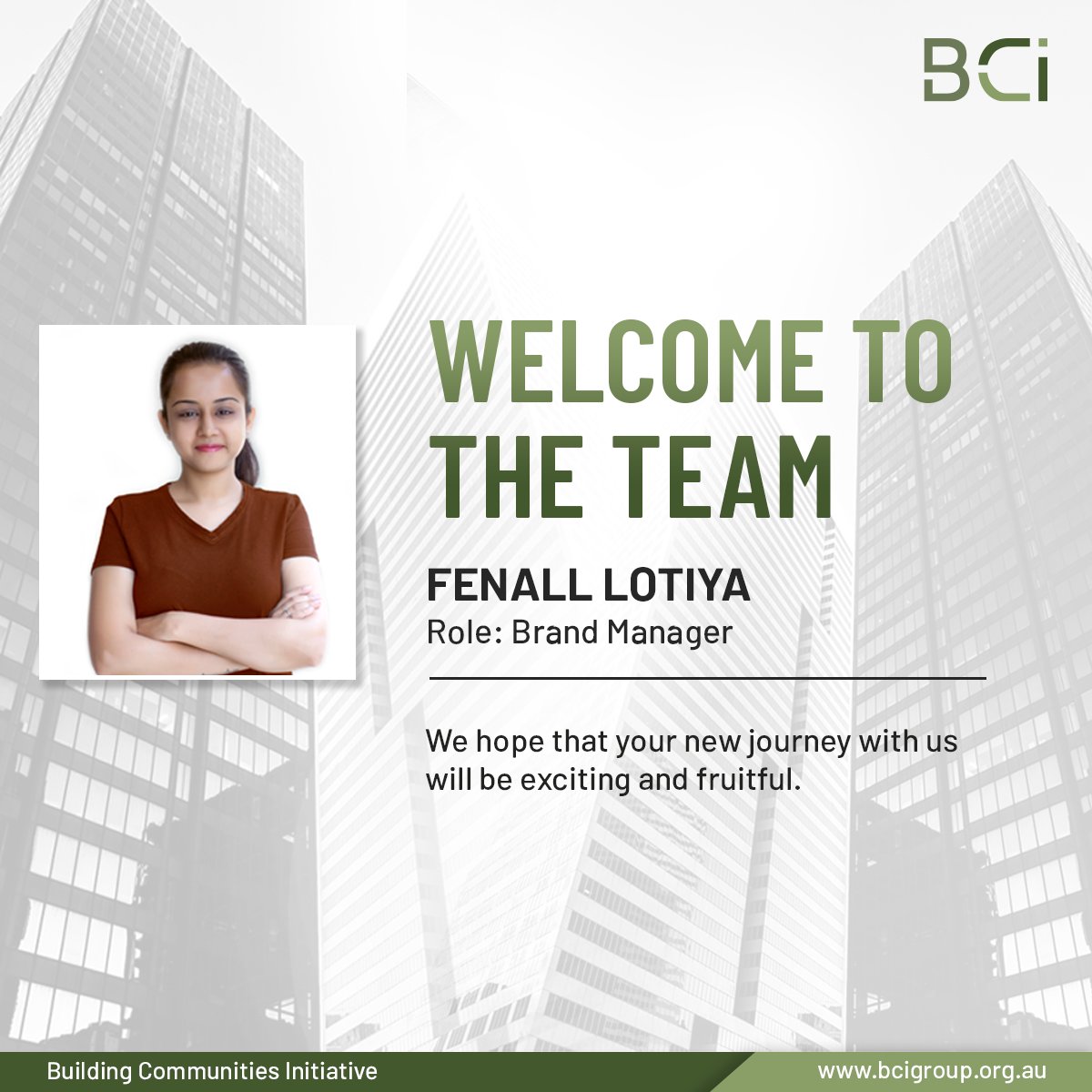 BuildingCo52447's tweet photo. We are pleased to announce that Fenall Lotiya has joined BCI as our Brand Manager.
Please join me in welcoming Fenall Lotiya to the #BCI global team.
#branding #graphicdesign #brandmanagement #realtor #propertyinvestment #BuildingCommunitiesInitiative https://t.co/IY3tooMj8p