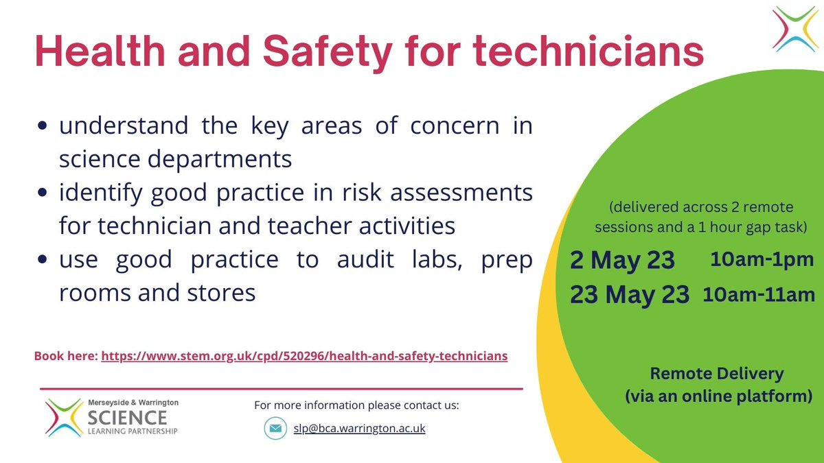Have you seen our remote Health and Safety for technicians course? Run by the brilliant <a href="/Quinnell75/">Simon Quinnell</a>. Get in touch as we have some discount codes for a 70% subsidy.
Book here stem.org.uk/cpd/520296/hea…
<a href="/TCATchallenge/">The Challenge Academy Trust</a> <a href="/DixonsAcademies/">Dixons Academies Trust</a> <a href="/OasisAcademies/">Oasis Academies</a> <a href="/TheheathfamilyN/">TheHeathFamily NW</a> <a href="/ChrisHillidge/">Chris Hillidge</a>