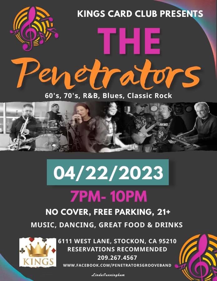 blueswest's tweet photo. KINGS CARD CLUB presents
THE PENETRATORS
60's, 70's, R&amp;B, Blues, Classic Rock.
Kings Card Club, 6111 West Lane, Stockton, CA 95210
RESERVATIONS RECOMMENDED - 209.267.4567 https://t.co/H92ZnZlqsY