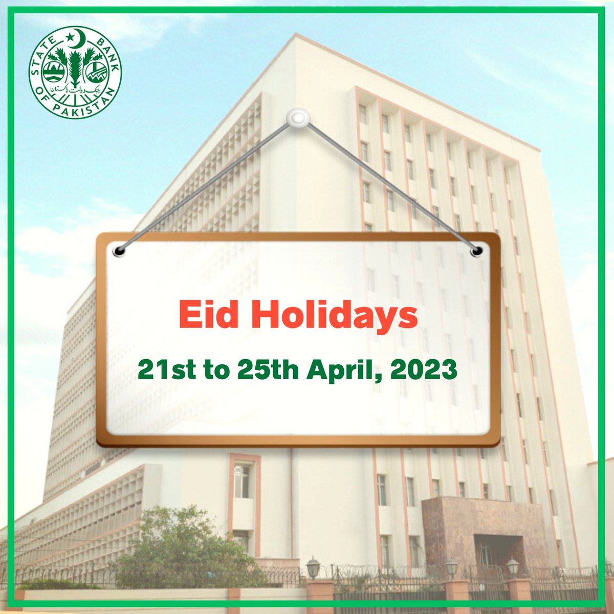 #SBP will remain closed from 21st to 25th April, 2023 on the occasion of #EidUlFitr.
sbp.org.pk/bprd/2023/CL8.…