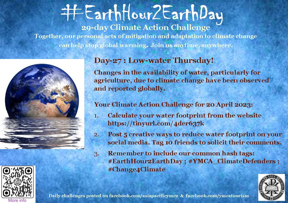 Here's your Climate Action Challenge for Day-27 (20 April 2023)
It's not too late to join now.
Let us know you are participating bit.ly/3KNebqg
Please help amplify the campaign.
#EarthHour2EarthDay
#YMCA_ClimateDefenders
#Change4Climate
#YMCASustainablePlanet