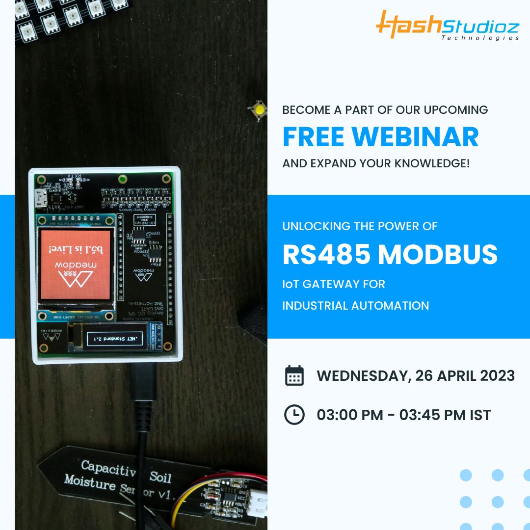 HashStudioz's tweet photo. Get ready to unlock the power of RS485 Modbus IoT Gateway for industrial automation: Applications and best practices.
Hurry up! Register now!
Registration Link: https://t.co/a6Bp7b9hHz
#HashStudioz #LiveWebinar #RS485 #IIoT #Gateway #Modbus https://t.co/LY8EbjgJht