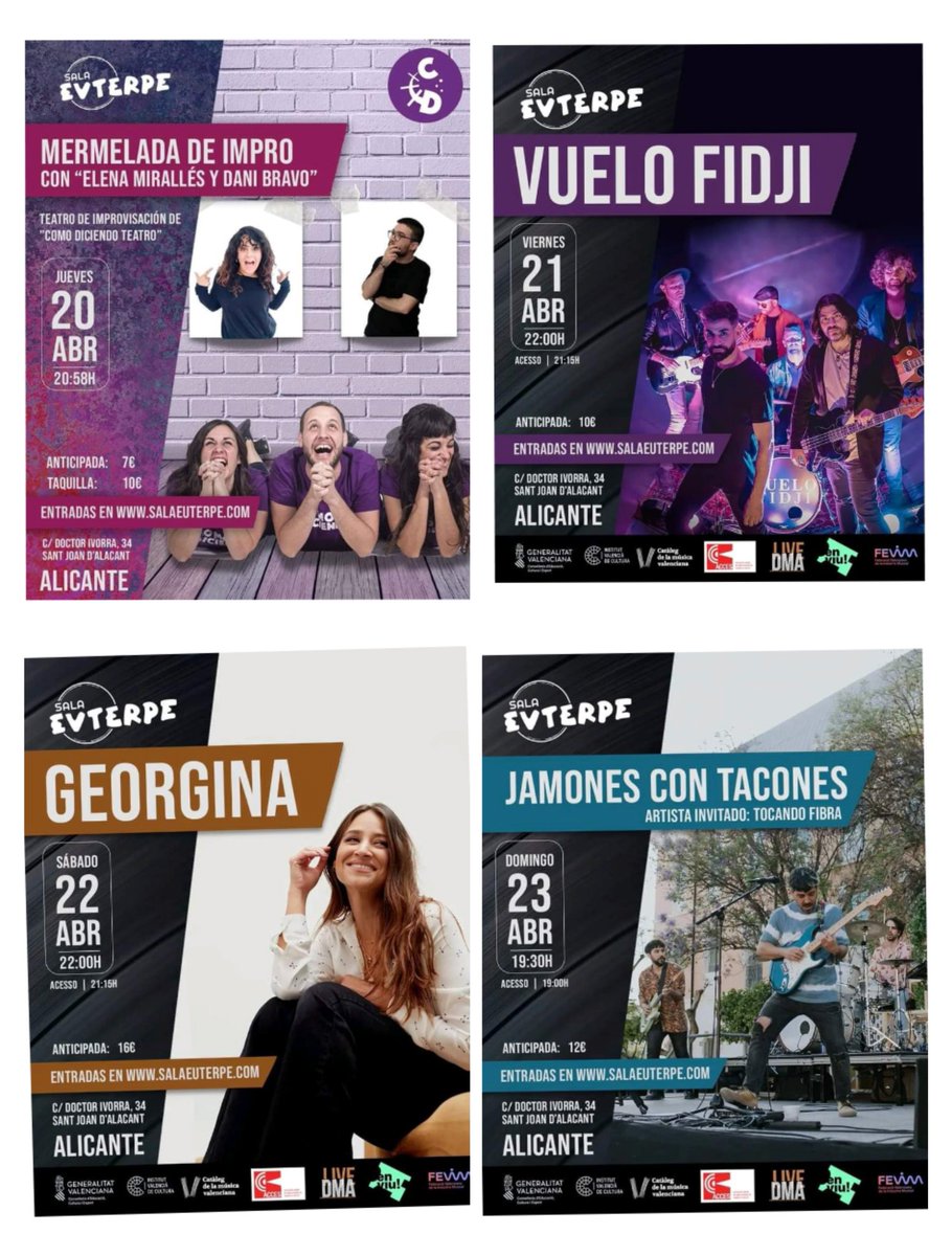 La semana en la Sala Euterpe

🔸Jueves 20 - Impro, con Como diciendo.
🔸Viernes 21 - <a href="/VueloFidji/">VUELO FIDJI</a> 
🔸 Sábado 22 - <a href="/georginamusica/">Georgina</a>
🔸 Domingo 23 <a href="/JamonesTacones/">Jamones con Tacones</a> 

🟥 Entradas en alicantelivemusic.com/abril-en-la-sa…