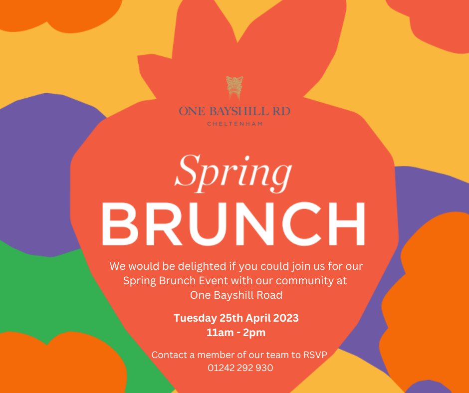 Come along and join us for our Spring Brunch Event at One Bayshill Road on Tuesday, 25th April from 11 am to 2 pm🌻 

Please RSVP by:
📞 01242 292 930
📧 onebayshillroad@lifestory.group