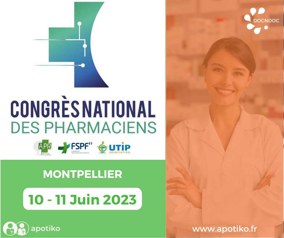 A VOTRE AGENDA ! 🔔
Retrouvez le Congrès National des Pharmaciens les 10 &amp; 11 Juin 2023 à Montpellier ! ✌️

bit.ly/41mJWva
apotiko.fr
#pharmacie #Docndoc