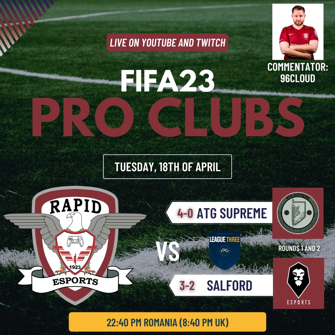 eSportsFCRapid's tweet photo. Another great night for our FIFA23 Pro Clubs team:
✅4-0 vs. @ATG_SUPREME_ES
✅3-2 vs. @SCFCeSports
Top of the table after four matches in @VPGEurope League Three.
Follow our gameplay on YouTube and Twitch!
#RapideSports #FIFA23 #ProClubs #Acceler[mSpreViitor https://t.co/JSSaKBywxt
