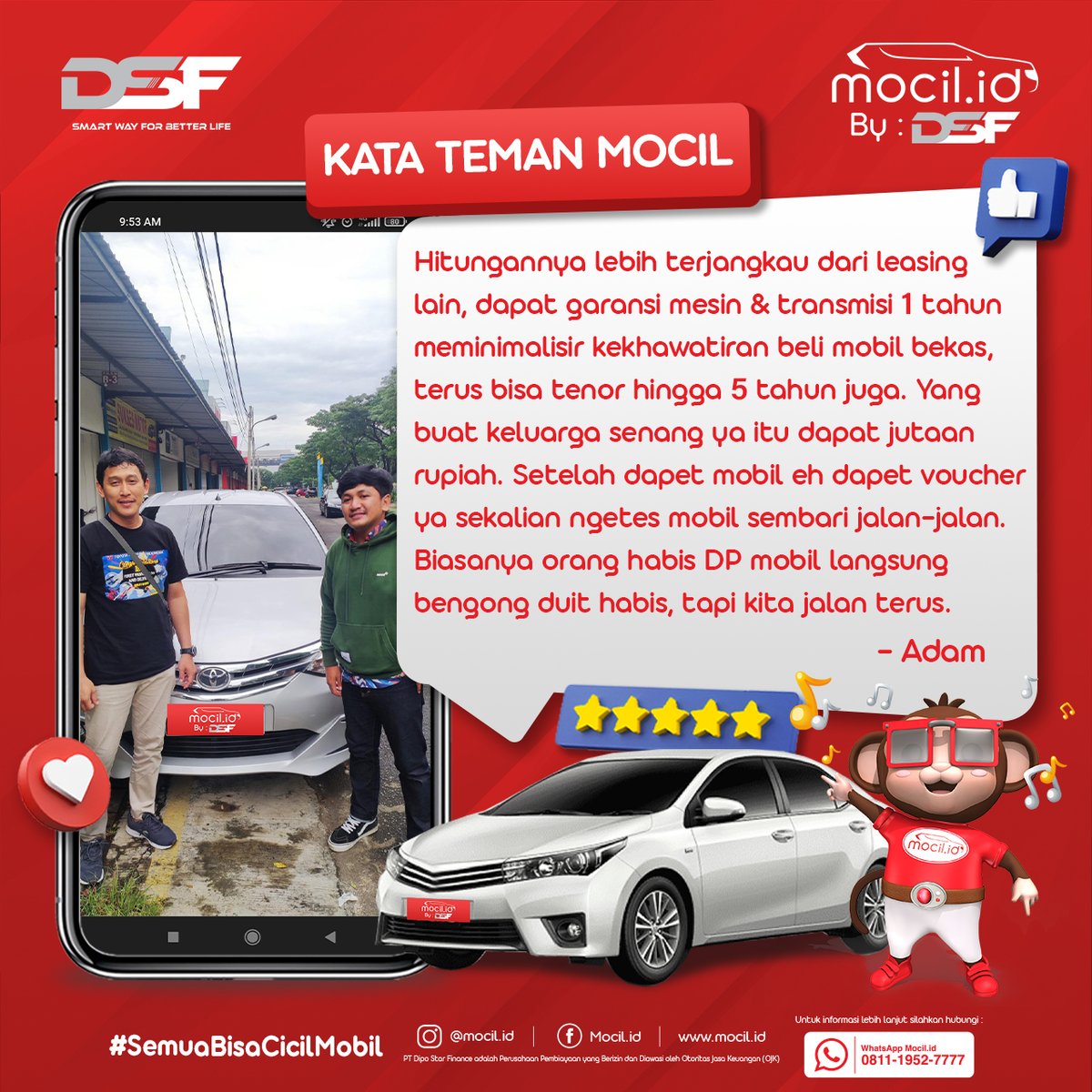 Mocil_Official's tweet photo. Cari kredit mobil bekas yang terpercaya di https://t.co/TN1t6PjSwM by DSF aja! Bapak Adam adalah salah satu customer Mocil yang menemukan mobil impiannya di https://t.co/TN1t6PjSwM dan menggunakan Mocil untuk kredit mobil bekasnya! https://t.co/CjwcsJBYA1