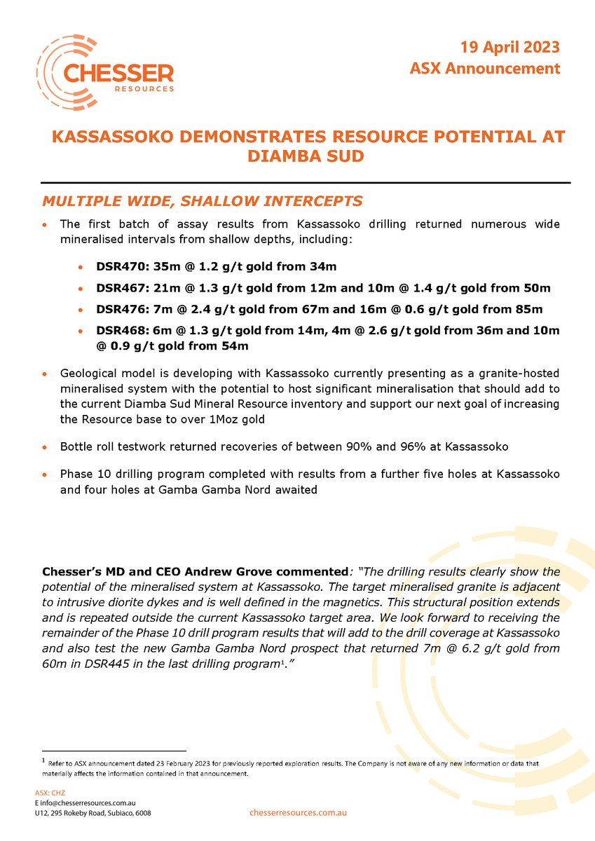 Chesser_CHZ's tweet photo. Follow-up drilling at Kassassoko has returned numerous wide gold mineralised intervals from shallow depths, clearly showing the potential of this new area at the Diamba Sud Gold Project. 

Read today’s full announcement here: https://t.co/uCtT2jGgNq

$CHZ #gold #exploration https://t.co/Zm0JlMP02n