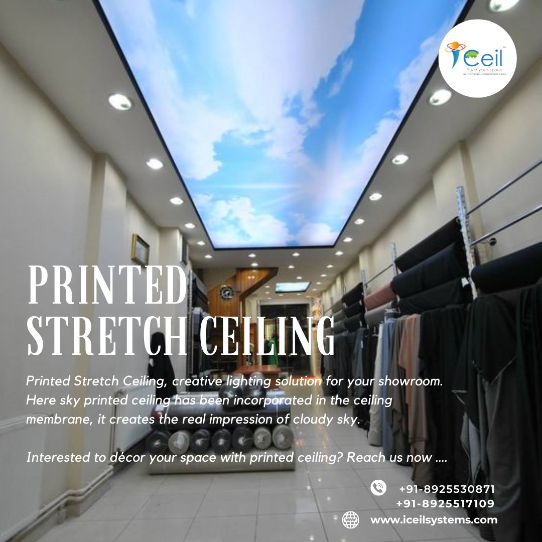 iceilsys's tweet image. Printed Stretch Ceiling, creative lighting solution for your showroom. Here sky printed ceiling has been incorporated in the ceiling membrane, it creates the real impression of cloudy sky - iceilsystems.com

#stretchceilingdrywall

#stretchceiling

#printedceiling