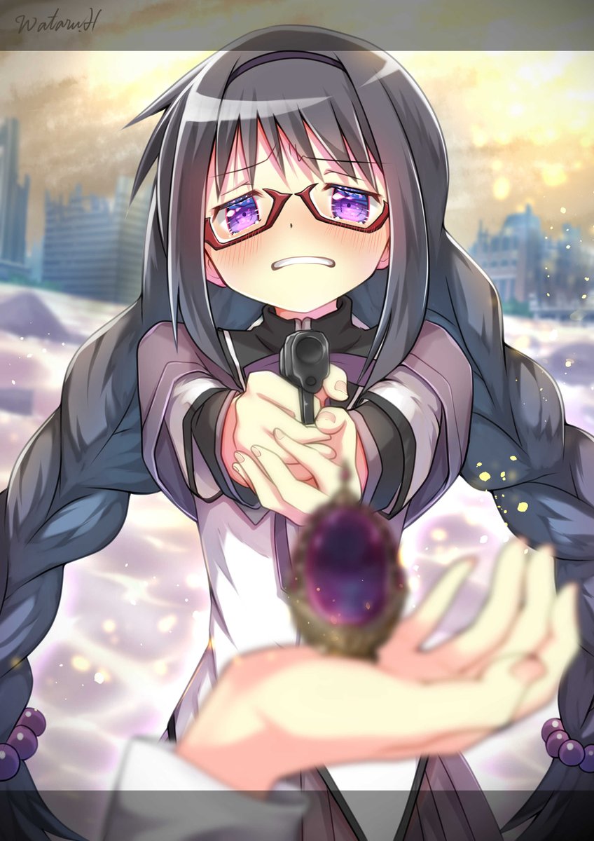 akemi homura gun black hair weapon long hair glasses braid purple eyes  illustration images