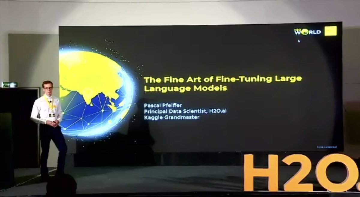 h2oai's tweet photo. Our very own #KaggleGrandMaster Pascal Pfeiffer (@kagglingpascal) shares the fine art of fine-tuning of #LargeLanguageModels.

#H2OWorldIndia #LLM #LLMStudio https://t.co/MYwSkODvwm
