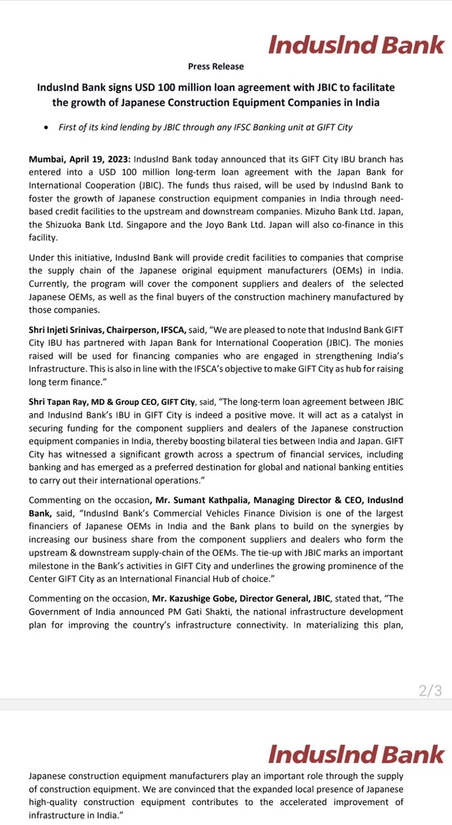 IndusInd Bank signs USD 100 million loan agreement with JBIC to facilitate the growth of Japanese Construction Equipment Companies in India.

#IndusIndBank #signs #USD100million #LoanAgreement #JBIC #facilitate #Growth #JapaneseConstructionEquipment #companies #India #Japan