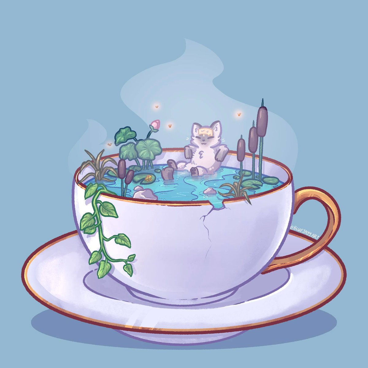 bluejayyart's tweet photo. drew my cat chilling in a swampy teacup :) https://t.co/0w44yZhjki