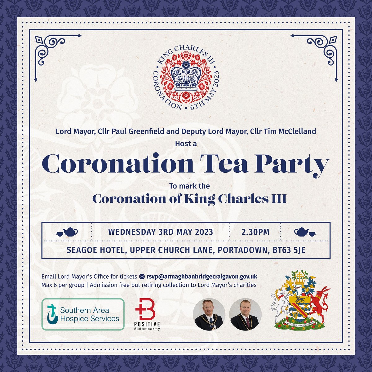abcb_council's tweet photo. Lord Mayor @PaulGreenfield4 & Deputy Lord Mayor #TimMcClelland are hosting a #Coronation Tea Party on Wed 3 May 2.30pm at @Seagoehotel - & everyone is invited! Help kickstart your regal celebrations & support local charities @BPositiveadam & @hospiceSAHS. Full details below. https://t.co/AR8jjuooQz