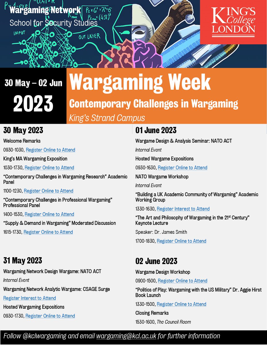 🗺️🗣️ The Wargaming Week 2023, organised by <a href="/kclwargaming/">King's Wargaming</a>, will feature a range of activities that explore the expansion and democratisation of wargaming as a method of inquiry.

🗓️ 30 May to 2 June!
Click for more info and inscriptions 👇
kcl.ac.uk/events/wargami…