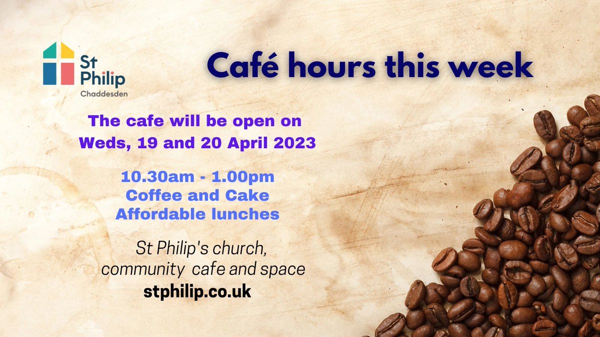StPhilipChad's tweet photo. The Community Café is open today and tomorrow. 10.30am - 1.00pm. Coffee, cake and affordable lunches. Go on - treat yourself! #Chaddesden @DioceseofDerby

https://t.co/ndtGpGMrnm https://t.co/U0z8OzrkE7