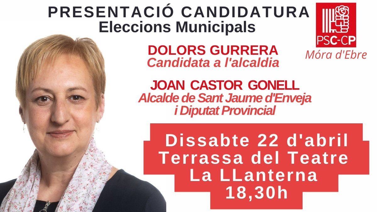 PscMora's tweet photo. Vine a escoltar i conèixer la nostra candidatura municipal per a les eleccions d'aquest maig de 2023. La nostra candidata @dolorsgurrera lidera l'únic projecte socialista per Móra. https://t.co/8S46MPfa0L