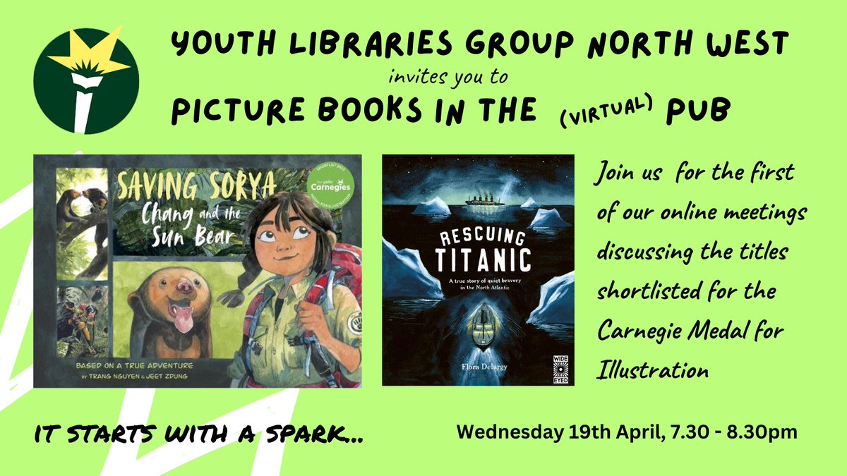 We're meeting tonight for the first of our online #PicturebooksInthePub discussions to talk about Rescuing Titanic by @FloraDelargy & Saving Sorya: Chang and the Sun Bear by Jeet Zdung

Please message if you'd like to join us & we can supply the meeting details #YotoCarnegie23