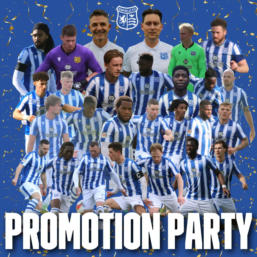 EnfieldFC's tweet photo. 𝗣𝗥𝗢𝗠𝗢𝗧𝗜𝗢𝗡 𝗣𝗔𝗥𝗧𝗬 🎉

Enfield Football Club are delighted to announce we will be hosting our Promotion Party after Saturday’s fixture against White Ensign!

Find out all the details here ⬇️ 

https://t.co/gsCHdgA4qa

#OnlyOneEnfield https://t.co/ocuoGkIQCa