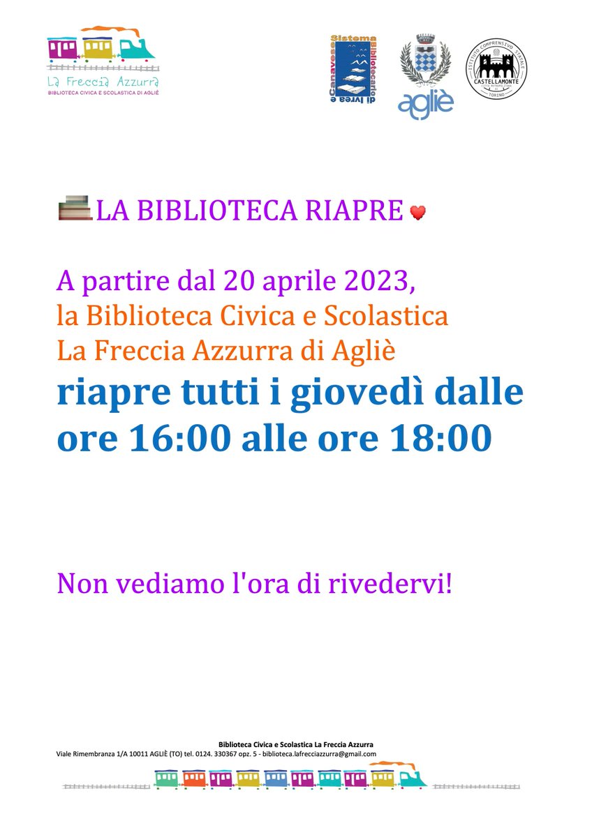 comuneaglie's tweet photo. 📚  LA BIBLIOTECA RIAPRE - VI ASPETTIAMO! ❤️ 

Riapre la Biblioteca Civica di #Agliè! 

Vi aspettiamo tutti i giovedì dalle 16:00 alle 18:00.

#Biblioteca #Libri #Cultura https://t.co/PH2k4koUjP