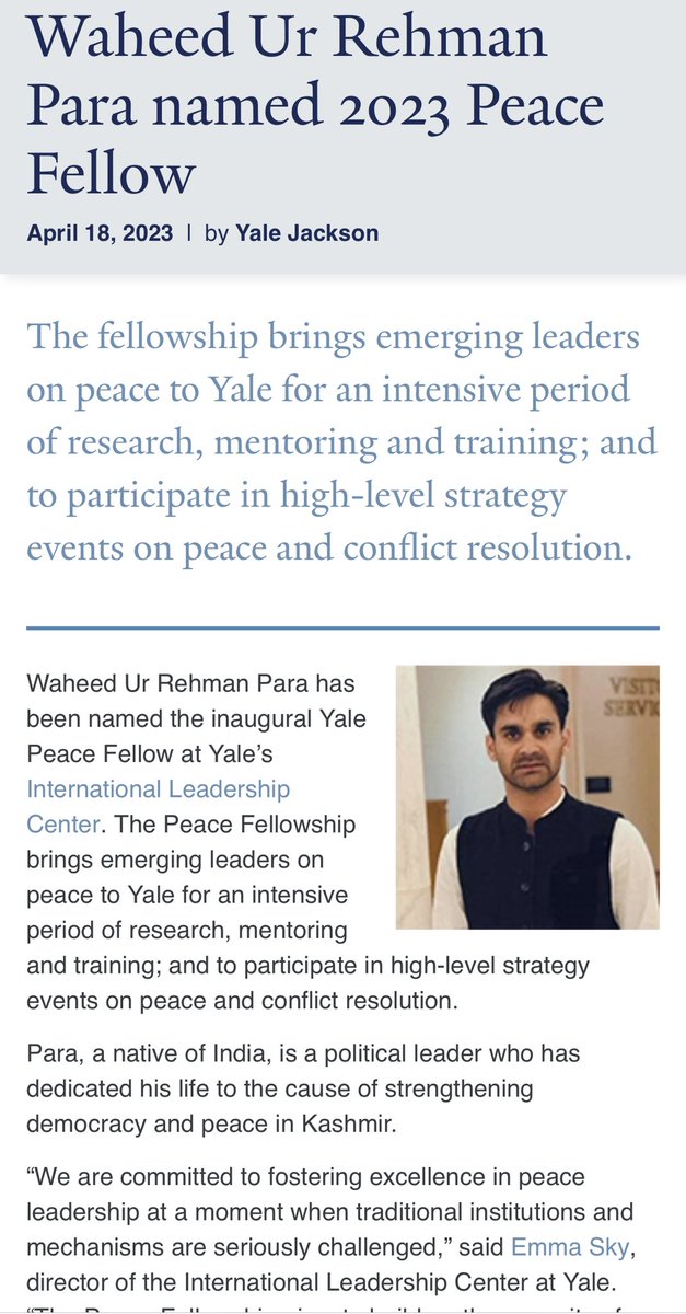 MehboobaMufti's tweet photo. Congratulations to Waheed Para, President @YouthJKPDP on his selection as the inaugural Yale Peace Fellow at Yale University. His contributions towards strengthening democracy & peace in Kashmir has been outstanding. I wish him luck.
https://t.co/fqfSX22NT9 https://t.co/hxUmVwgzR4