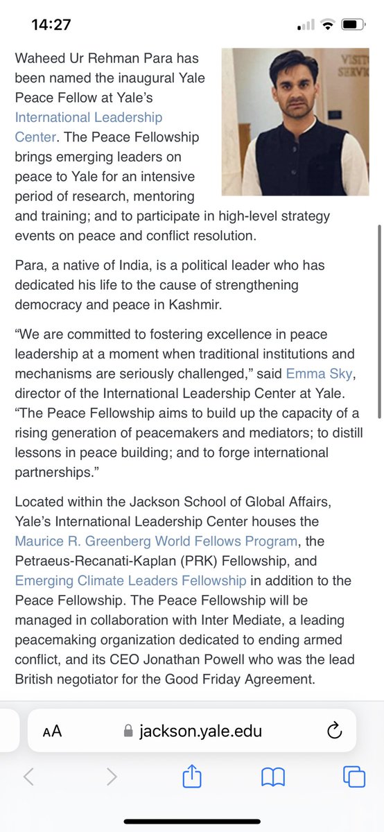 MehboobaMufti's tweet photo. Congratulations to Waheed Para, President @YouthJKPDP on his selection as the inaugural Yale Peace Fellow at Yale University. His contributions towards strengthening democracy & peace in Kashmir has been outstanding. I wish him luck.
https://t.co/fqfSX22NT9 https://t.co/hxUmVwgzR4