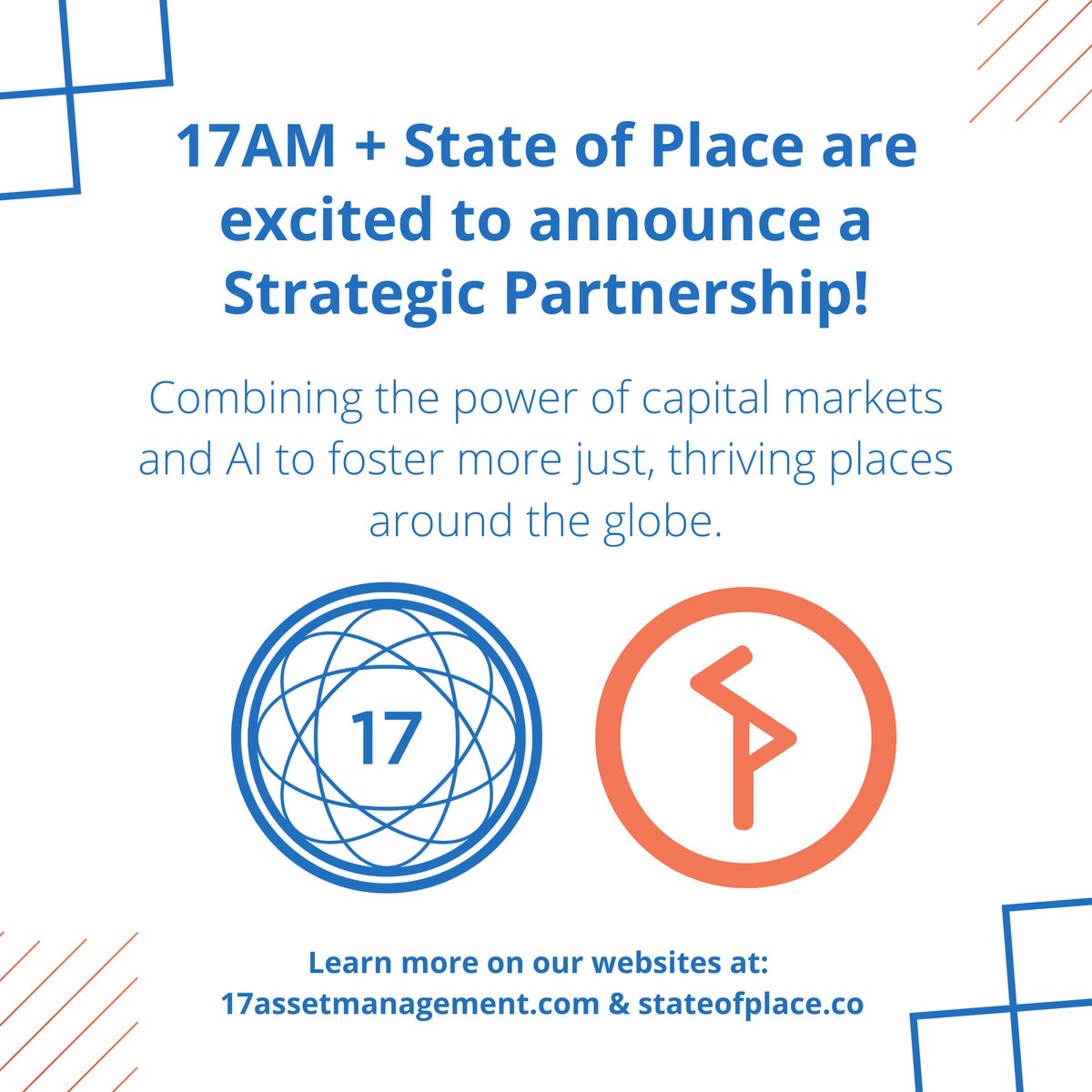 State of Place (@stateofplace) on Twitter photo We are thrilled to announce a strategic partnership with <a href="/17assetmgmt/">17 Asset Management</a> that will combine the power of capital markets & AI to foster more just, thriving places! SO excited to bring together citymakers & investors to create tangible, accelerated impact! bit.ly/SoP17AM23 We are thrilled to announce a strategic partnership with <a href="/17assetmgmt/">17 Asset Management</a> that will combine the power of capital markets & AI to foster more just, thriving places! SO excited to bring together citymakers & investors to create tangible, accelerated impact! bit.ly/SoP17AM23