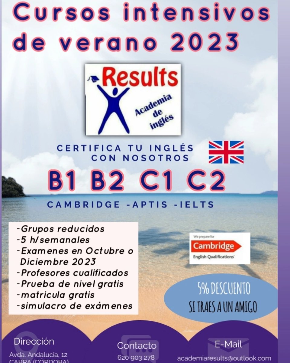 ¡ya podéis reservar plaza en nuestros cursos DE VERANO '23: #A1 #A2 #B1 #B2 #C1. si te matriculas antes del 1O de MAYO, tendrás un #DESCUENTO del 5% En cada mensualidad. también tendrás tu descuento al traer a un amigo/a!
prueba de nivel GRATIS! 
 📱680356991
 #Academiadeinglés