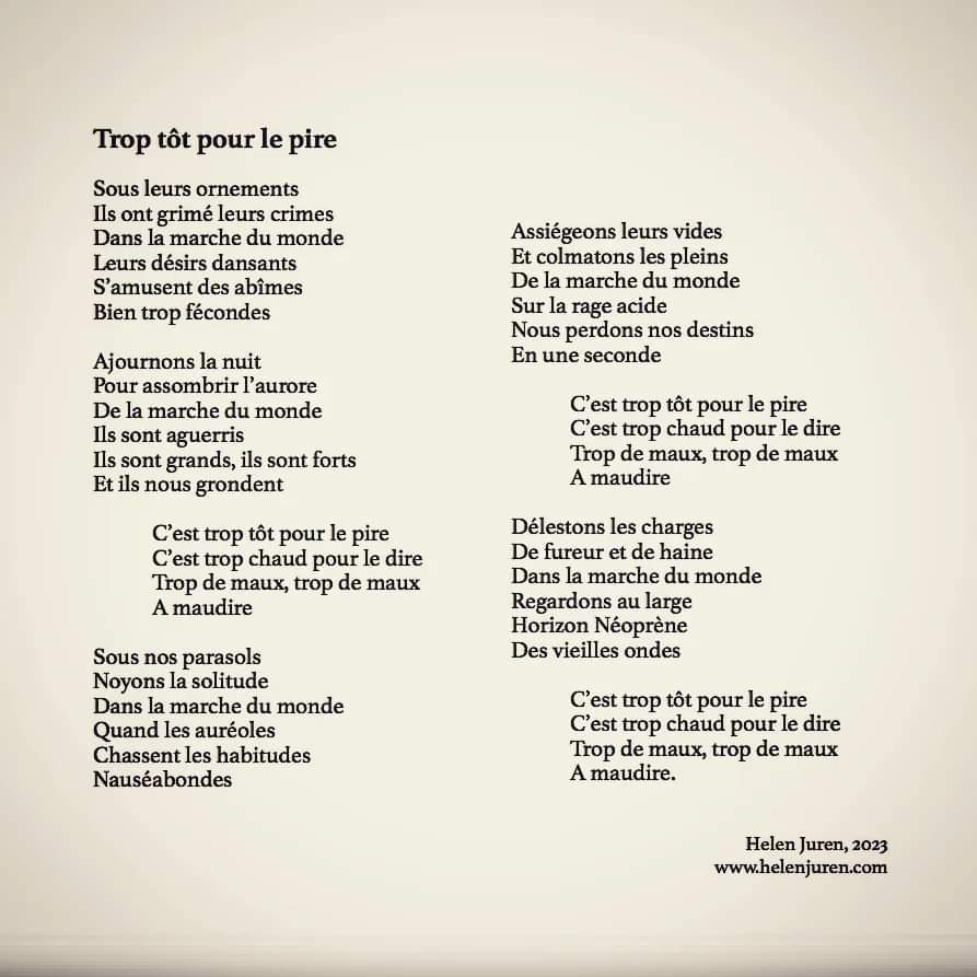 HelenJuren's tweet photo. Trop tôt pour le pire
#troptotpourlepire #textedechanson #chanson #chansonfrancaise #sacem #textedepoesie #poem #poeme #poesiefrançaise #poesie #motsdepoesie #texteachanter #ecrire #musicislife #music #song #songwriter #helenjurenauteure #helenjuren
https://t.co/siXnaoR3Gc https://t.co/kezutl0ZjB