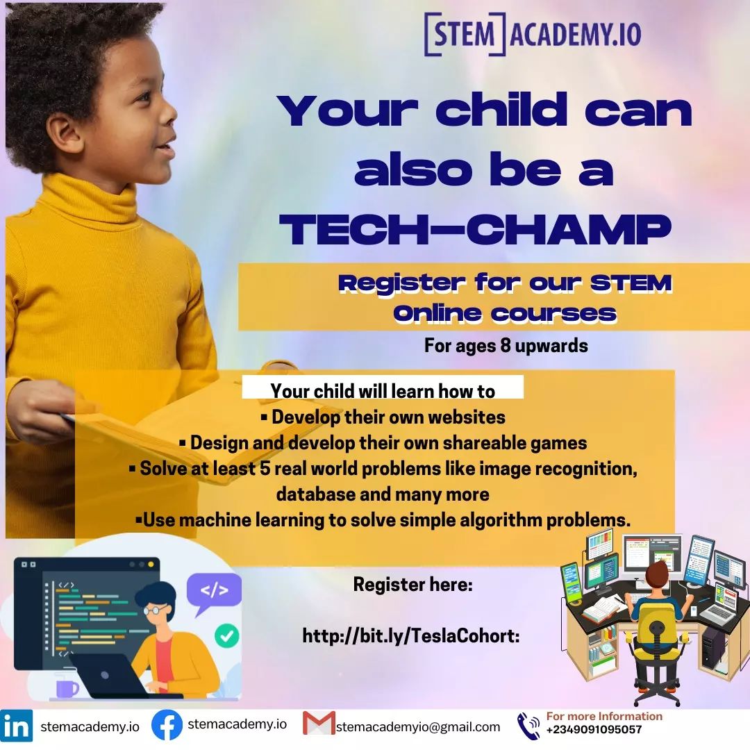 Do you want your young minds to become a Tech-champ?

Look no further - visit stemacademy.io to get them rightly started in Tech.

#STEM #technology #science #edtech #education #stemeducation #youngdevelopers #younginnovators