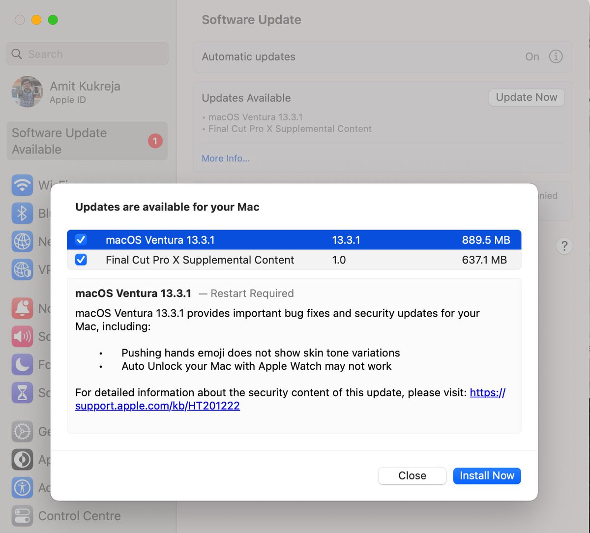 theandroidrush's tweet photo. 🚨 #MacOS Alert🚨

New MacOS 13.3.1 #Update available now! Includes security patches and bug fixes. Also, minor upgrade for Final Cut Pro with new sound and audio effects.

Follow➡️ @TheAndroidRush for More Stuff Like This &amp; Drop a Like❤️ Comment💌 &amp; Share⬆️
#Apple #AppleBKC #Mac https://t.co/Fvjep50uaT