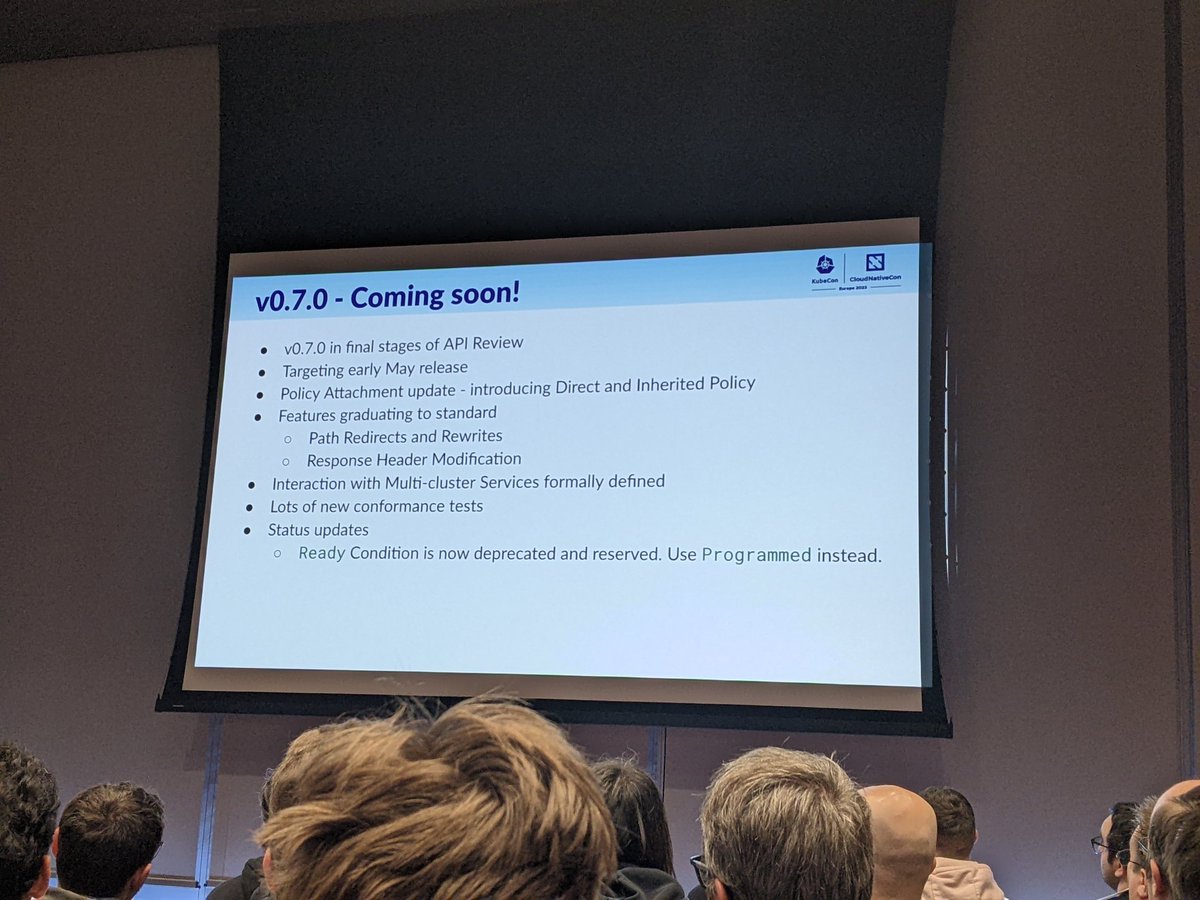 aurelievache's tweet photo. Let's start with a talk about Gateway API updates
The room is fuuullll

Let's see what is the news of the 0.7.0 release!

#KubeCon #KubeConEU https://t.co/WclTNdvzOc
