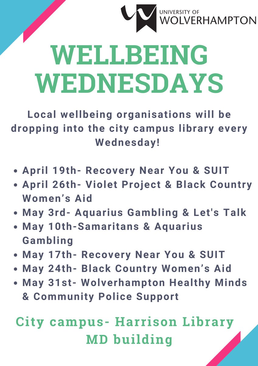 ✨!WELL-BEING WEDNESDAYS!✨ . Every Wednesday 12-2pm in the library we will be joined by local well-being organisations!