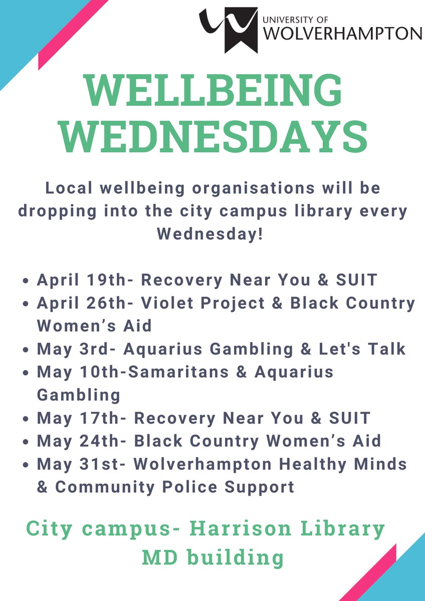 ✨!WELL-BEING WEDNESDAYS!✨
.
Every Wednesday 12-2pm in the library we will be joined by local well-being organisations!