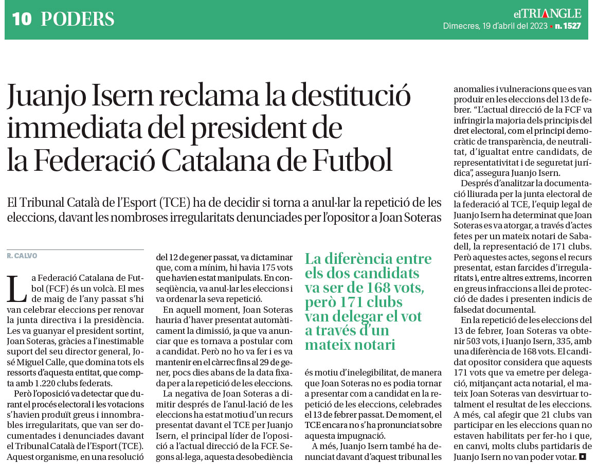 🔴 El Triangle 💻 "Juanjo Isern reclama la destitució immediata del president de la Federació Catalana de Futbol"

#futbolcat #futsalcat