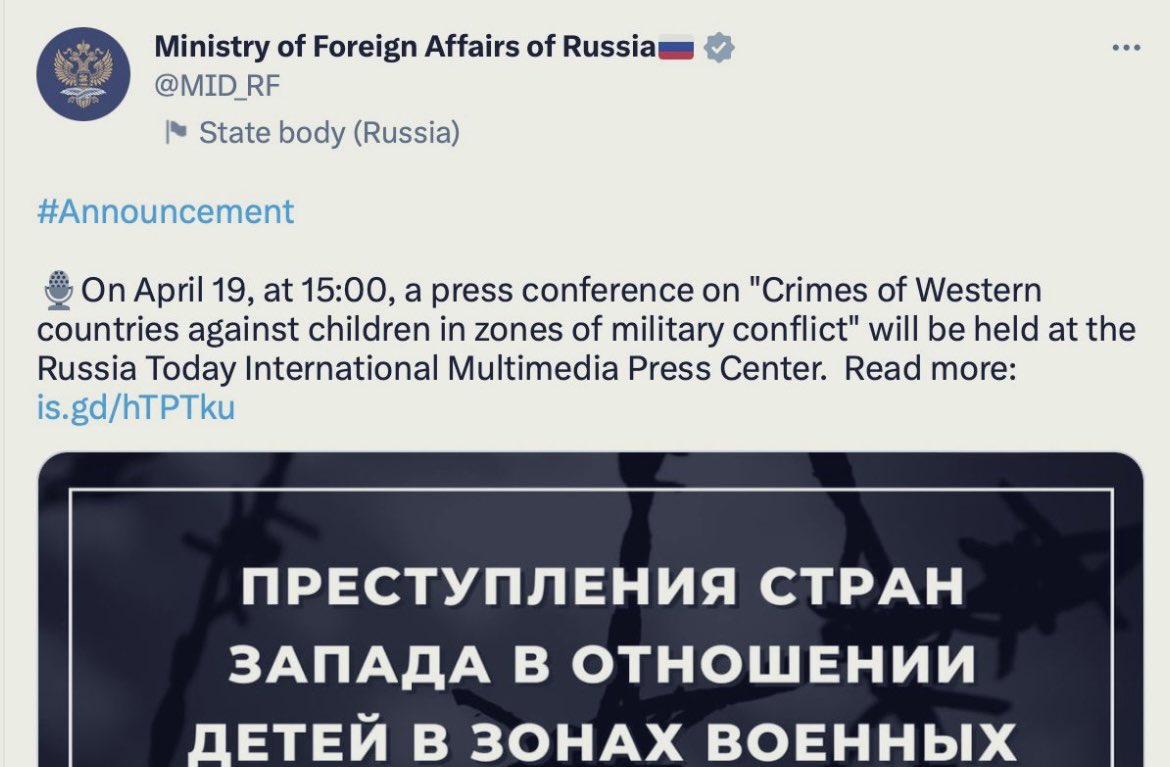 rubenbrekelmans's tweet photo. Het toppunt van cynisme.

#Rusland geeft vandaag een persconferentie over ‘westerse misdaden tegen kinderen in militaire conflictgebieden.’

> “Het doel van propaganda is niet om mensen iets te laten geloven, maar om mensen niets meer te laten geloven.” https://t.co/wncvhSHQ8e