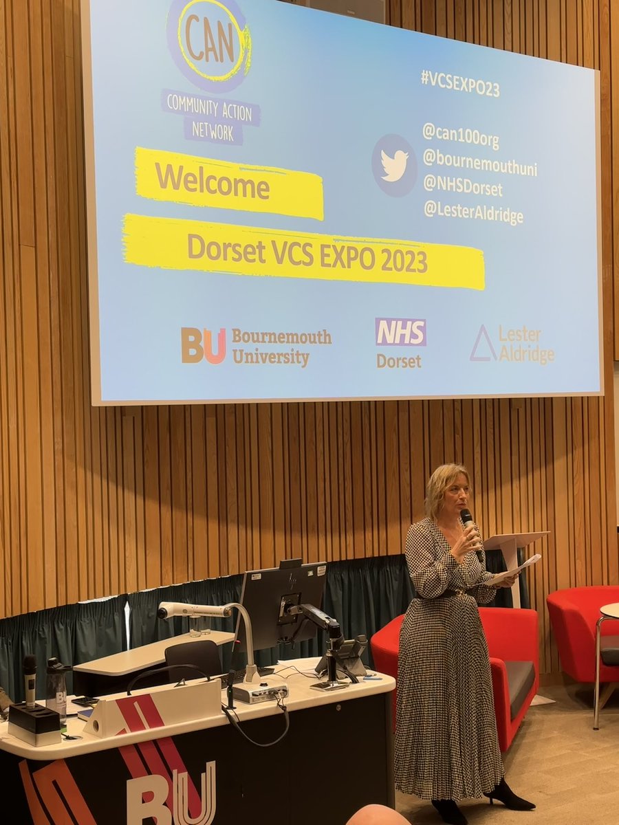 DorsetMind's tweet photo. .@karenloftus287 #CEO @can100org introduces the #VSCEXPO2023 at @bournemouthuni #fusionbuilding https://t.co/5WimXcnOvV