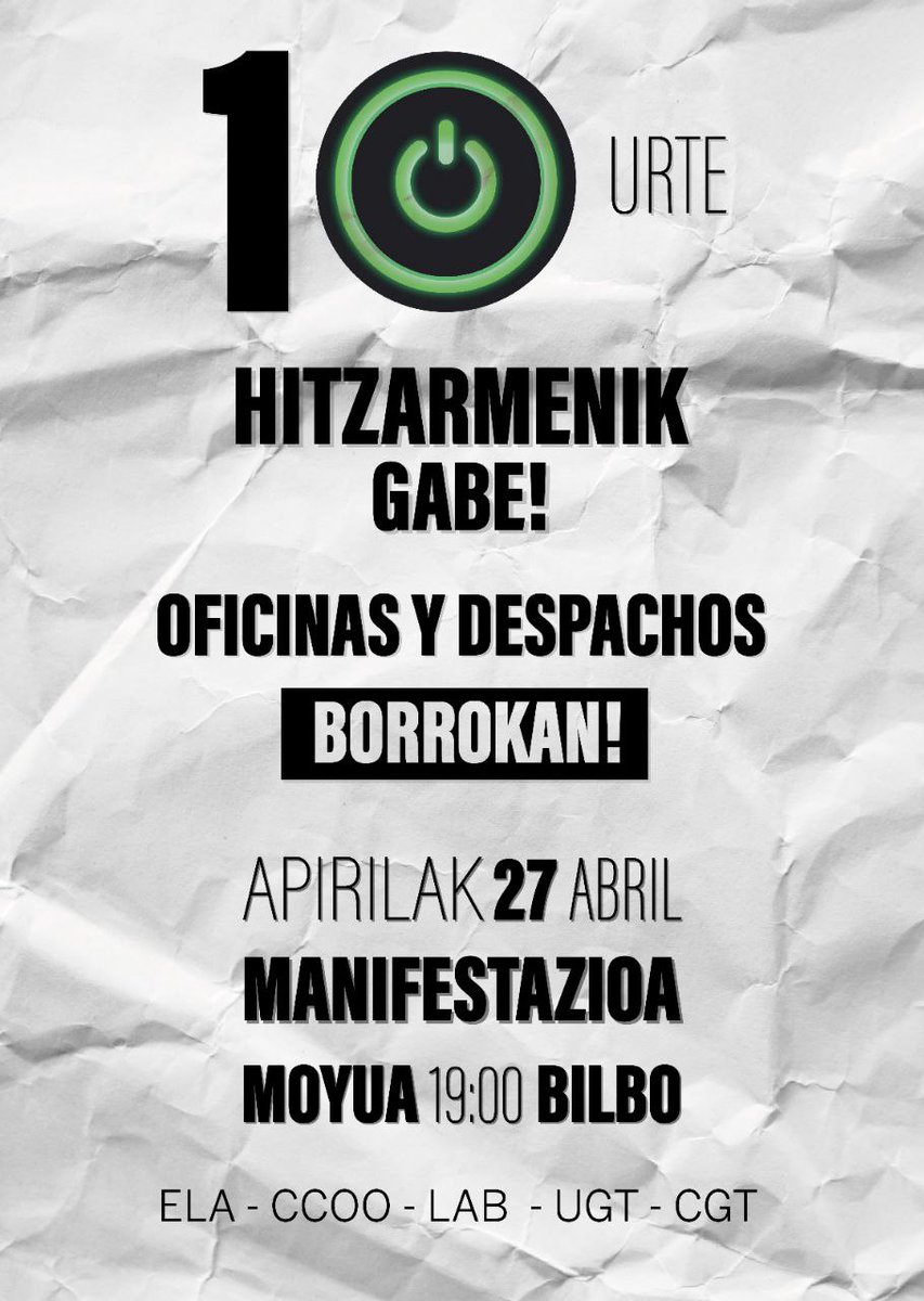27 DE ABRIL MANIFESTACIÓN  ¡OFICINAS Y DESPACHOS DE BIZKAIA EN LUCHA!
▶️ 19:00h desde la Plaza Eliptica (Bilbo)
▶️ ¡Salgamos a la calle para recuperar el convenio del segundo sector más grande de Bizkaia! ✊
BIZKAIKO BULEGOAK BORROKAN!
#bulegoakborrokan