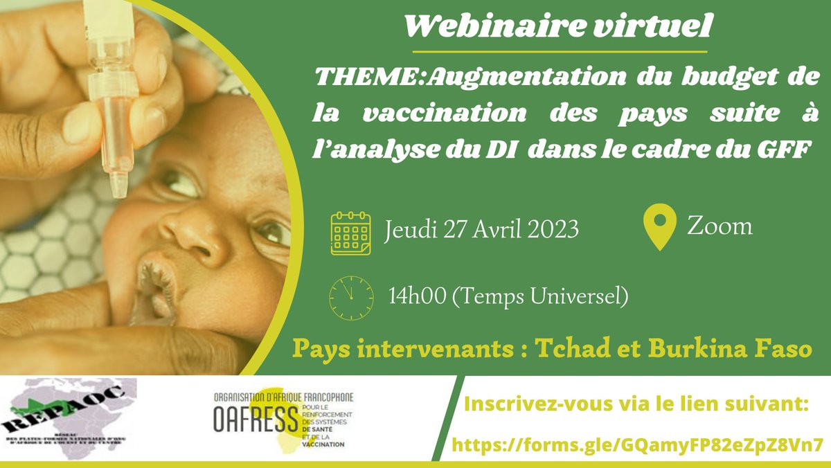 #SaveTheDate Rejoignez les points focaux @theGFF, #Tchad, #BurkinaFaso pour échanger sur : l'« Augmentation du budget de la #vaccination suite à l’analyse du Dossier d'Investissement». Veuillez vous inscrire ce lien suivant : forms.gle/pvVntgAMU7CKSJ…