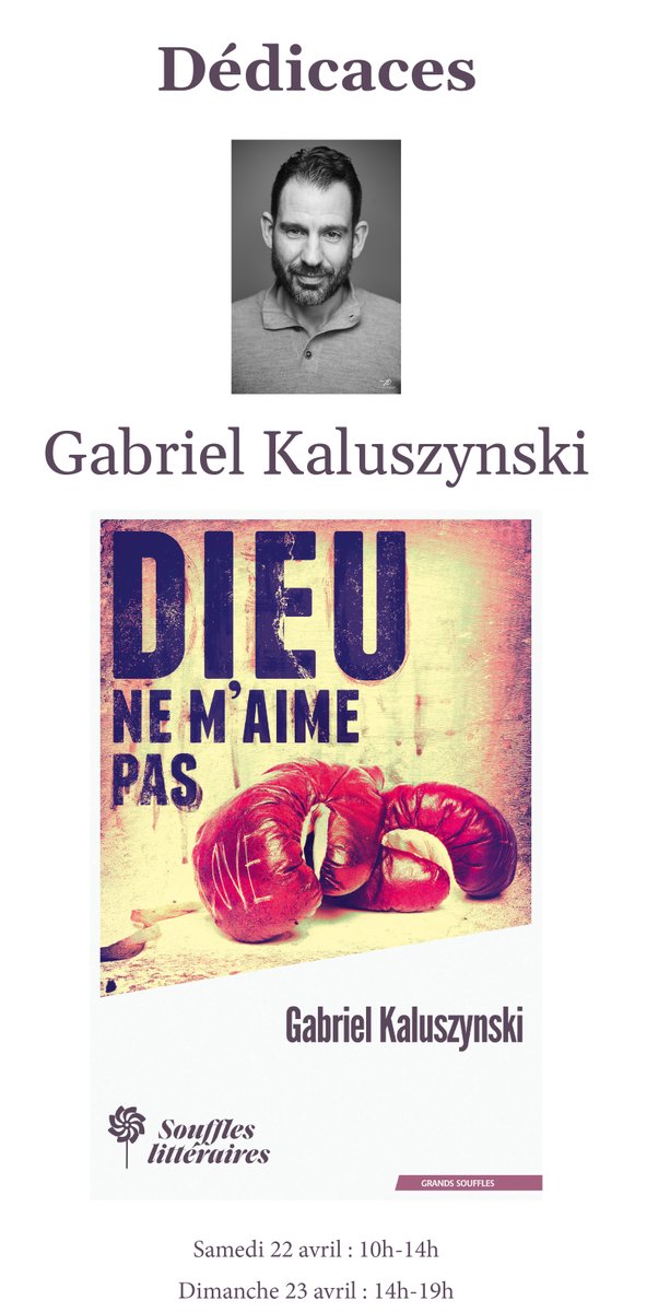 Du 21 au 23 avril nous serons au salon L'autre Livre, à Paris.

Gabriel Kaluszynski dédicacera "Dieu ne m'aime pas" le samedi matin et le dimanche après-midi.

souffles-litteraires.fr/agenda/

#lire #lecture #salon #auteur #paris