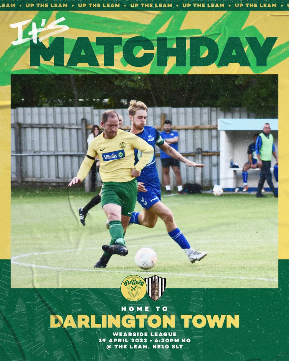 𝗠𝗔𝗧𝗖𝗛𝗗𝗔𝗬 — The penultimate league game of the season for us this evening as <a href="/DarloTownFC/">Darlington Town FC</a> visit the Leam. Should be a cracking game as two of the top three battle it out.

🆚 Darlington Town
🏆 <a href="/WearsideLeague/">Wearside League</a> 
⏰ 6:30PM
🏟 The Leam, NE10 8LT
🎟️ £3/£1

#UpTheLeam #UTL 🔰