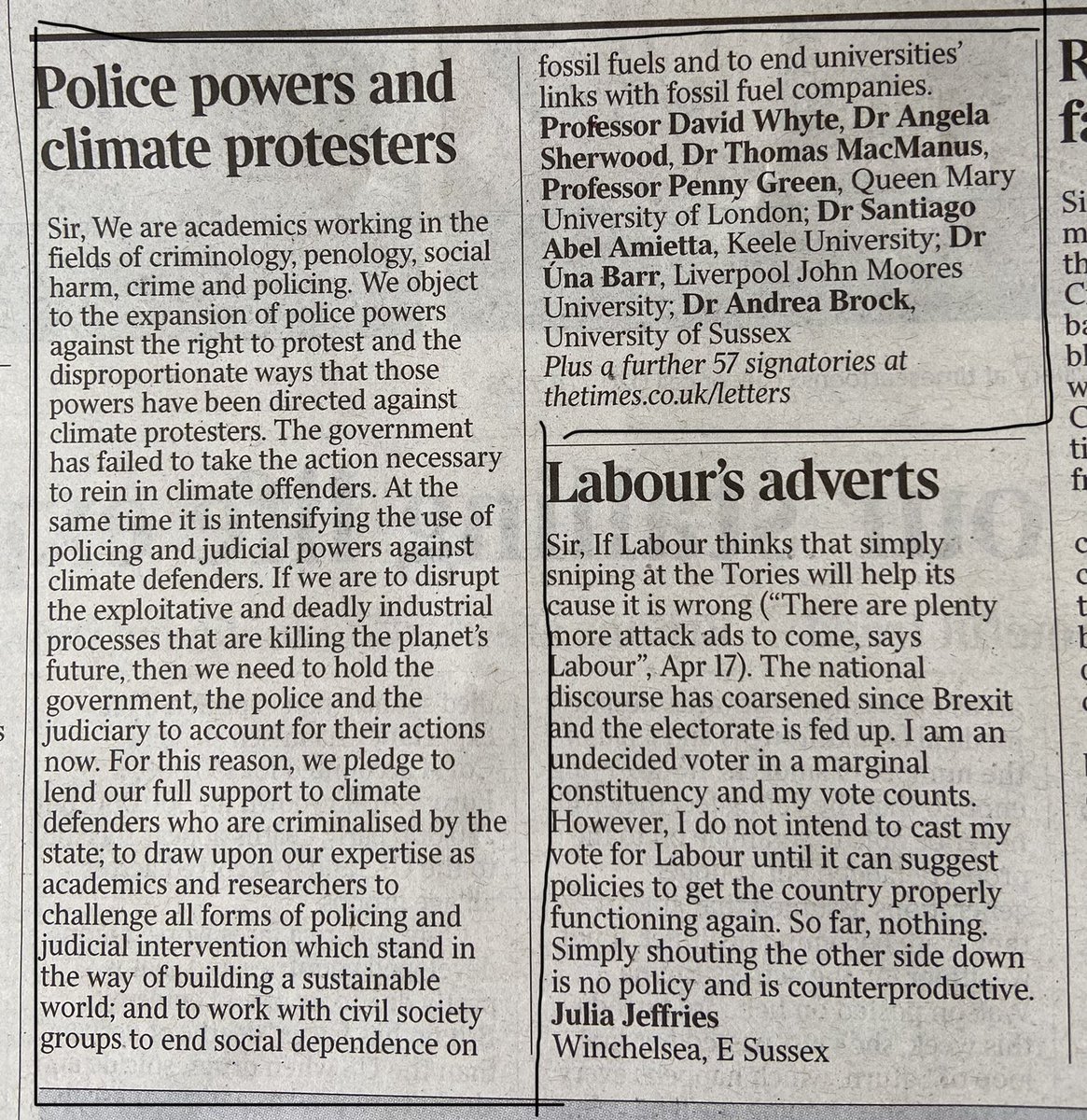 angela_sherwood's tweet photo. .@ccccjustice letter in @thetimes today signed by 65 criminologists &amp; other academics working on policing

“We object to the expansion of police powers against the right to protest &amp; the disproportionate ways those powers have been directed against climate protesters” https://t.co/NScTymKc4L