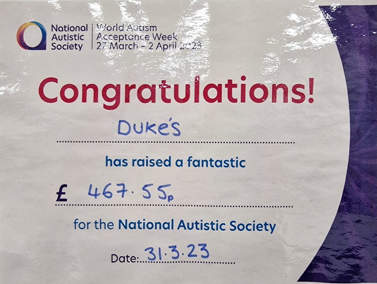 Dukes_AEN's tweet photo. On the last day of the Spring term, students were asked to wear non-uniform in support of Autism Acceptance week in return for small donation. An incredible £467.55 was raised and gifted to the National Autistic Society. A massive thank you to all those who took part. https://t.co/tyLJTG2Cxy
