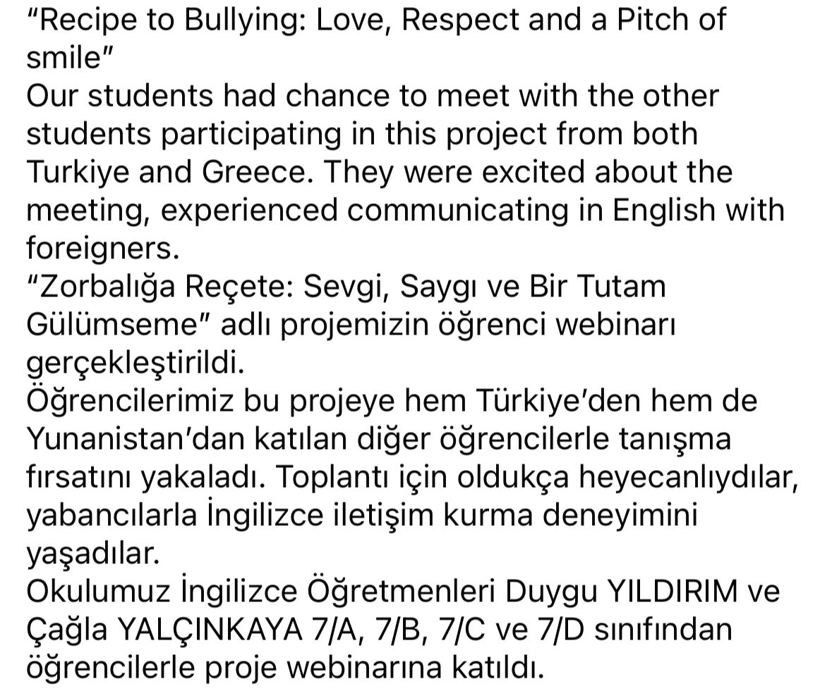 AliagaFatih's tweet photo. "Recipe to Bullying; Love, Respect and A Pitch of Smile"-"Zorbalığa Reçete: Sevgi, Saygı ve Bir Tutam Gülümseme" eTwinning projesi kapsamında öğrenci webinarı yapıldı.@eTwinningDestek @IzmirEtwinning @tretwinning https://t.co/8ttQO4HEtS