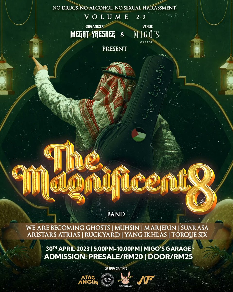 #ONGROUND LIVE: THE MAGNIFICENT 8 Vol.23 ft.<a href="/wabgmusic/">We Are Becoming Ghosts</a> <a href="/muhsinband/">muhsin</a> @marjerinmusic <a href="/suarasamuzik/">SUARASA</a> #AristarsAtrias <a href="/TheRuckyard/">THE RUCKYARD</a> @yangikhlas__ <a href="/TorqueSix/">Torque Six</a>
at Migo's Garage, G-16 3 ELEMENTS #SeriKembangan #SELANGOR
SUNDAY April30 5pm
TICS: AT THE DOOR or 
DM: instagram.com/megat_yaesree/